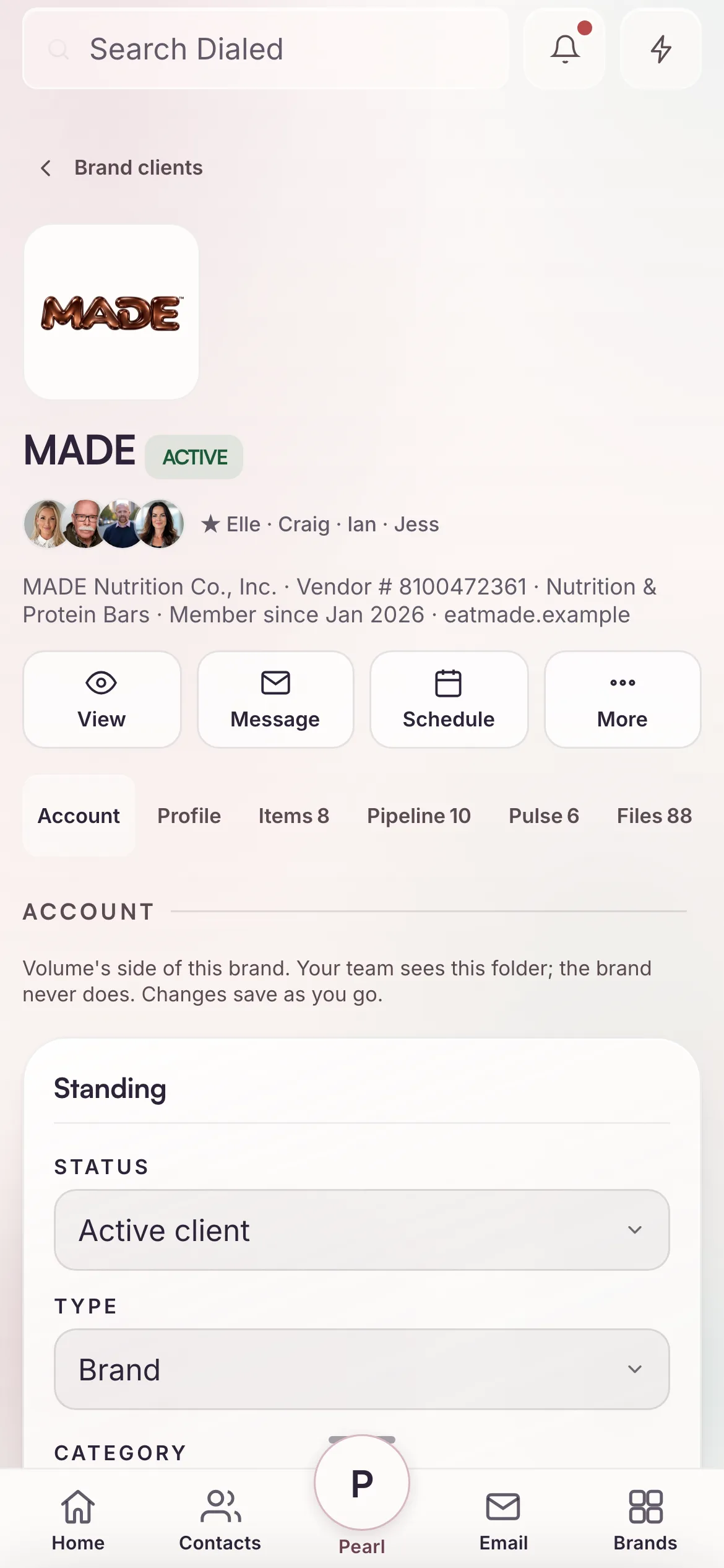 Account and vendor setup, in Dialed on a phone