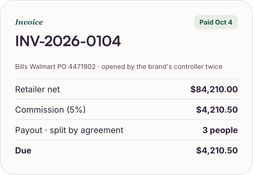 An invoice that bills a PO, with commission and the payout split