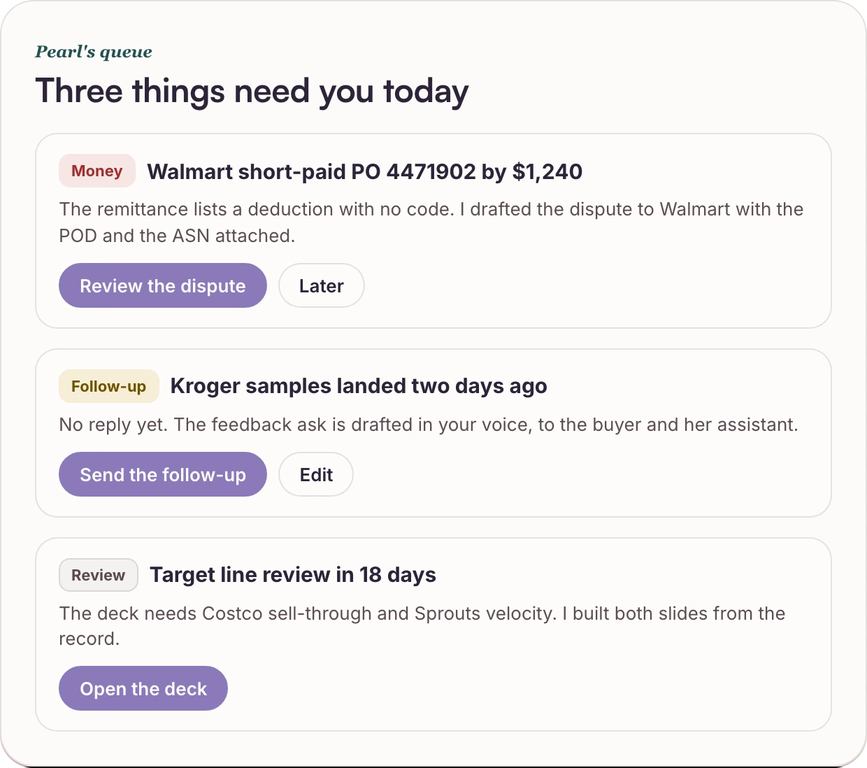 Pearl's queue: a short-paid PO, a follow-up and a line review, each drafted and waiting for a person